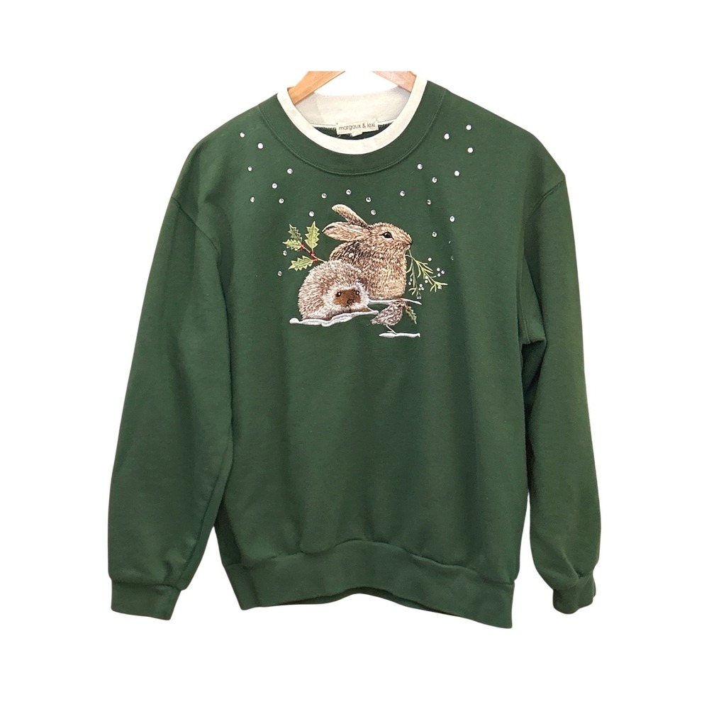 Woodland Bunny Hedgehog Sweatshirt Green Cozy Winter Cottagecore Animal Top